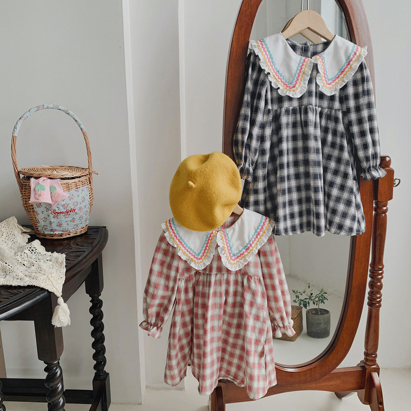 Jesenska haljina za djevojčice 2024. Proljetna polo kragna Čipkana karirana haljina za djevojčice Korejska verzija Modna dječja haljina dugih rukava