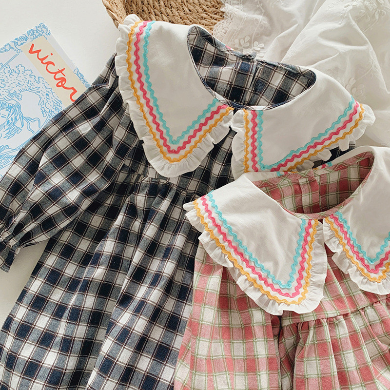 Jesenska haljina za djevojčice 2024. Proljetna polo kragna Čipkana karirana haljina za djevojčice Korejska verzija Modna dječja haljina dugih rukava