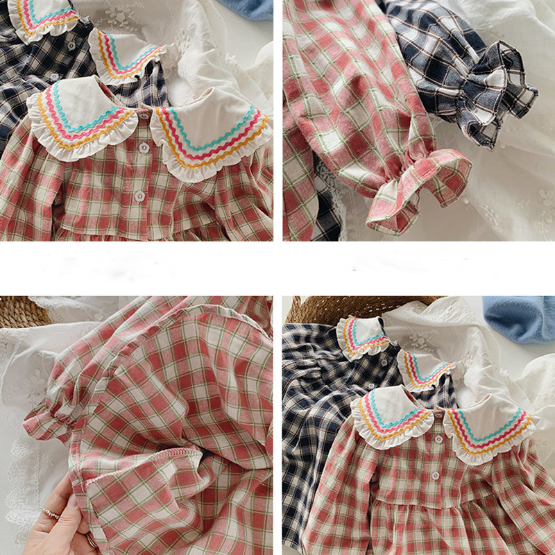 Jesenska haljina za djevojčice 2024. Proljetna polo kragna Čipkana karirana haljina za djevojčice Korejska verzija Modna dječja haljina dugih rukava