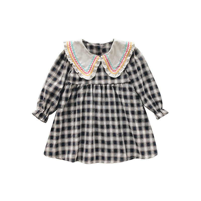 Jesenska haljina za djevojčice 2024. Proljetna polo kragna Čipkana karirana haljina za djevojčice Korejska verzija Modna dječja haljina dugih rukava