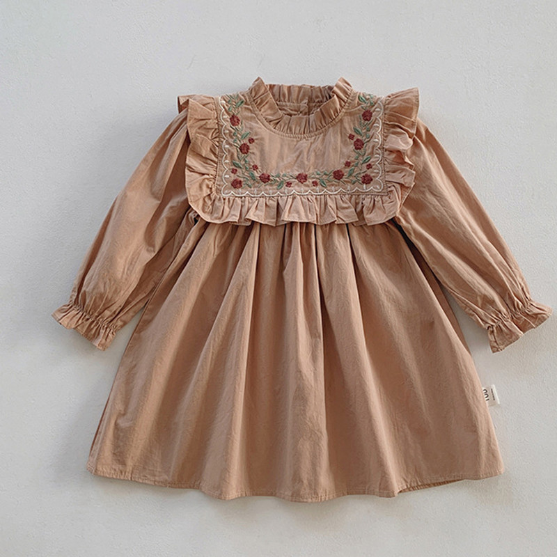 Haljine za djevojčice Jesen 2023., francuski vez, cvjetni stojeći ovratnik, haljina za djevojčice, haljina s volanima, dugih rukava, haljina princeza za djevojčice