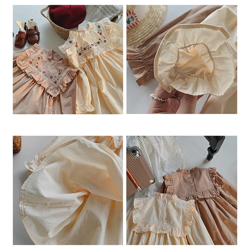 Haljine za djevojčice Jesen 2023., francuski vez, cvjetni stojeći ovratnik, haljina za djevojčice, haljina s volanima, dugih rukava, haljina princeza za djevojčice