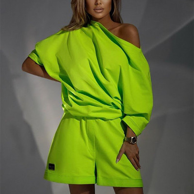 Ljetni dvodijelni set za žensku odjeću Komplet kratkih hlača s dugim rukavima i ležernim motivima Sportsko odijelo s širokim printom, majica s O izrezom, 2-dijelni kompleti