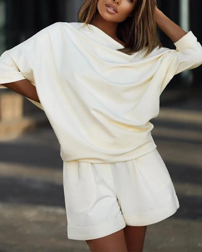 Ljetni dvodijelni set za žensku odjeću Komplet kratkih hlača s dugim rukavima i ležernim motivima Sportsko odijelo s širokim printom, majica s O izrezom, 2-dijelni kompleti