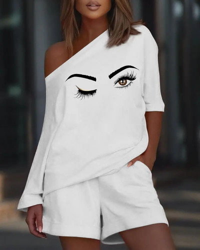 Ljetni dvodijelni set za žensku odjeću Komplet kratkih hlača s dugim rukavima i ležernim motivima Sportsko odijelo s širokim printom, majica s O izrezom, 2-dijelni kompleti