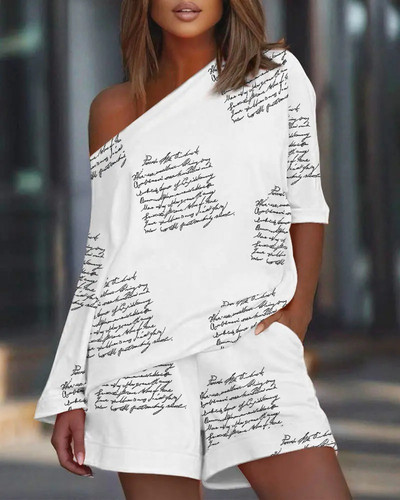 Ljetni dvodijelni set za žensku odjeću Komplet kratkih hlača s dugim rukavima i ležernim motivima Sportsko odijelo s širokim printom, majica s O izrezom, 2-dijelni kompleti