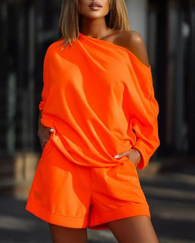 Ljetni dvodijelni set za žensku odjeću Komplet kratkih hlača s dugim rukavima i ležernim motivima Sportsko odijelo s širokim printom, majica s O izrezom, 2-dijelni kompleti