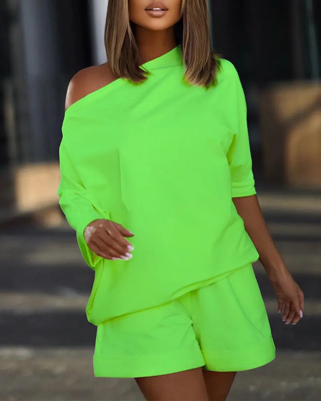 Ljetni dvodijelni set za žensku odjeću Komplet kratkih hlača s dugim rukavima i ležernim motivima Sportsko odijelo s širokim printom, majica s O izrezom, 2-dijelni kompleti