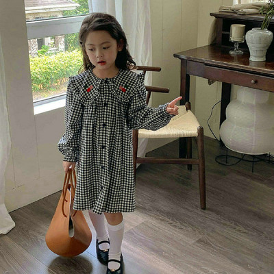 Haljina za djevojčice s velikim ovratnikom, karirana haljina u boji trešnje, haljina princeze, 2022. proljeće i jesen novi stil Odjeća