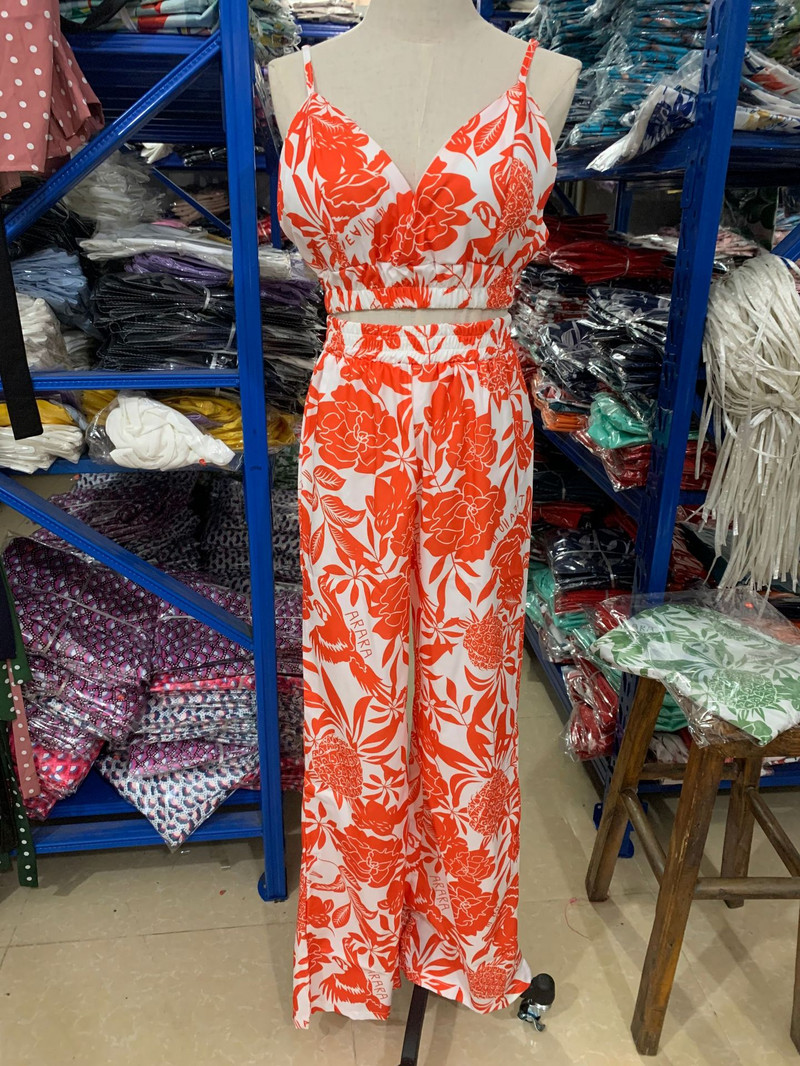 Kaheosaline pikk püksikomplekt naistele seksikas peoklubi õhtune spagetirihm V-kaelusega prinditud vest elastne vöökoht 2-osaline suvekomplekt