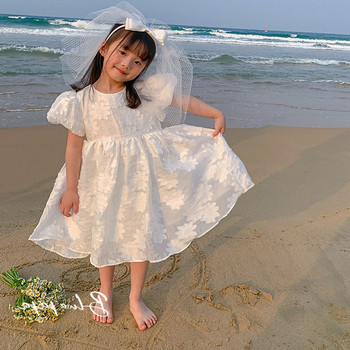 Καλοκαιρινό φόρεμα για κορίτσια Μεγάλο λουλούδι Puff μανίκι Γλυκό χαριτωμένο φόρεμα απλικέ λουλούδια Λευκό φόρεμα πάρτι πριγκίπισσας Νέα παιδικά ρούχα