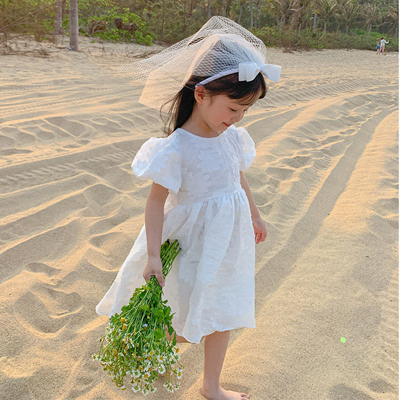 Tüdrukute suvekleit suur lilleline puhvis varrukas Armas armas kleit aplikatsiooniga lilled valge printsessi peokleit uued lasteriided