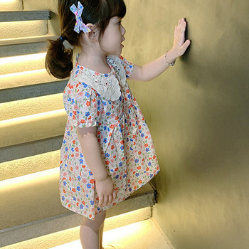Καλοκαιρινό φόρεμα κοριτσιών Floral δαντέλα γιακάς κοντό μανίκι Πριγκίπισσα φόρεμα Παιδικά ρούχα Παιδικά ρούχα