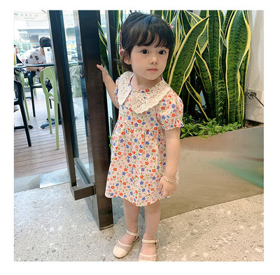 Καλοκαιρινό φόρεμα κοριτσιών Floral δαντέλα γιακάς κοντό μανίκι Πριγκίπισσα φόρεμα Παιδικά ρούχα Παιδικά ρούχα