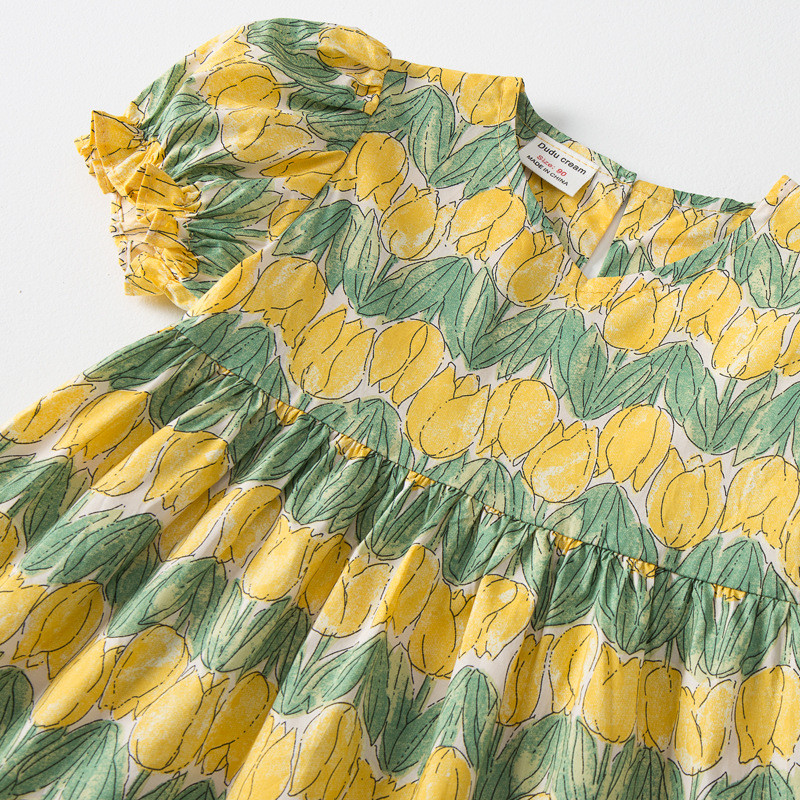 Rochie de vară pentru fetițe Bumbac Îmbrăcăminte ocazională pentru copii Flori cu dungi cu mânecă scurtă Rochii drăguțe Moda pentru fete Tinuta pentru copii