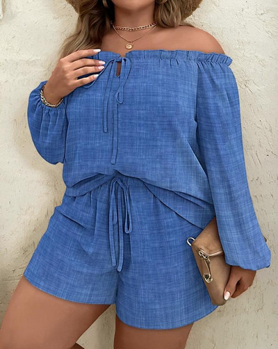 Dvodijelni kompleti Ženska odjeća Ljeto 2023. Modni rubovi s volanima s otvorenim ramenima Top s dugim rukavima i ležerni komplet s uzicom za nošenje Dnevni kratki hlače