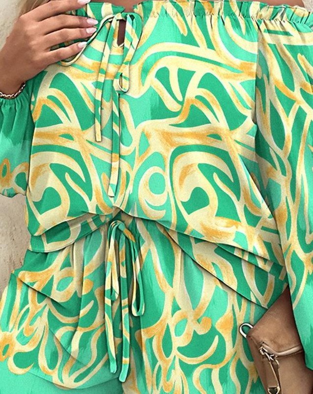 Dvodijelni kompleti Ženska odjeća Ljeto 2023. Modni rubovi s volanima s otvorenim ramenima Top s dugim rukavima i ležerni komplet s uzicom za nošenje Dnevni kratki hlače