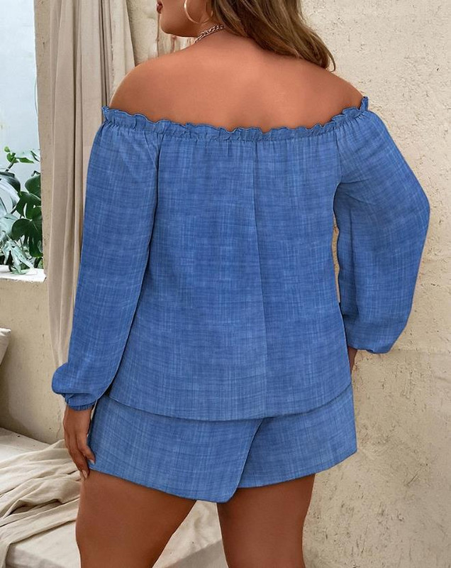 Dvodijelni kompleti Ženska odjeća Ljeto 2023. Modni rubovi s volanima s otvorenim ramenima Top s dugim rukavima i ležerni komplet s uzicom za nošenje Dnevni kratki hlače