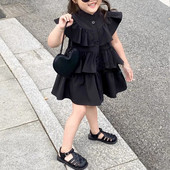 Korea lasteriided, tüdrukute suvekleit, must, kärbsega varrukatega kleit, tüdrukute mood, lasterõivad, kihilised kleidid tüdrukutele