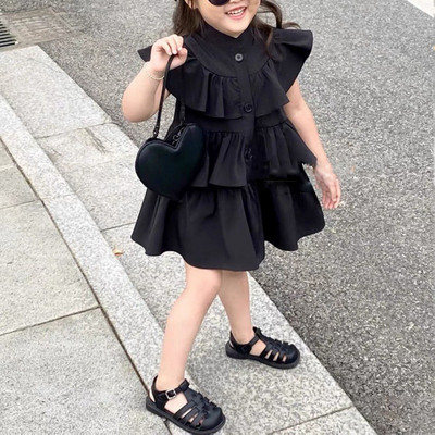 Korea lasteriided, tüdrukute suvekleit, must, kärbsega varrukatega kleit, tüdrukute mood, lasterõivad, kihilised kleidid tüdrukutele