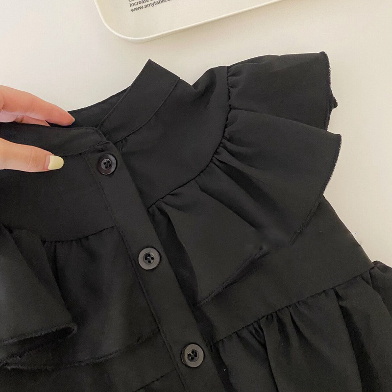 Korea lasteriided, tüdrukute suvekleit, must, kärbsega varrukatega kleit, tüdrukute mood, lasterõivad, kihilised kleidid tüdrukutele