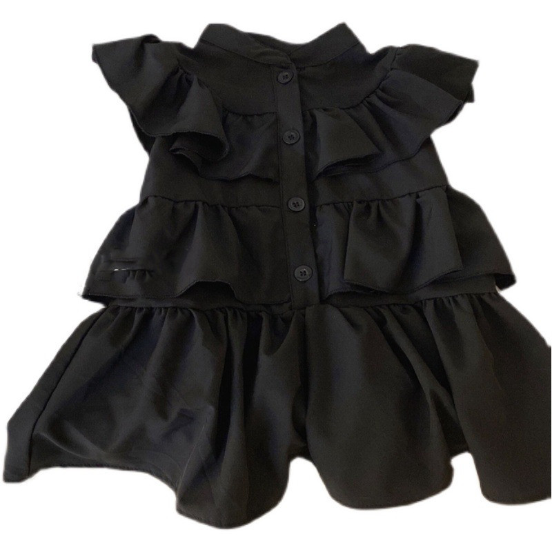 Korea lasteriided, tüdrukute suvekleit, must, kärbsega varrukatega kleit, tüdrukute mood, lasterõivad, kihilised kleidid tüdrukutele