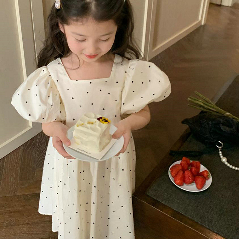 Καλοκαίρι 2023 Νέο βρεφικό φόρεμα για κορίτσια με κουκκίδες μανίκια με φούσκα Παιδικό φόρεμα πριγκίπισσας Μόδα πίσω Φιόγκος Παιδικό φόρεμα με τετράγωνο λαιμό
