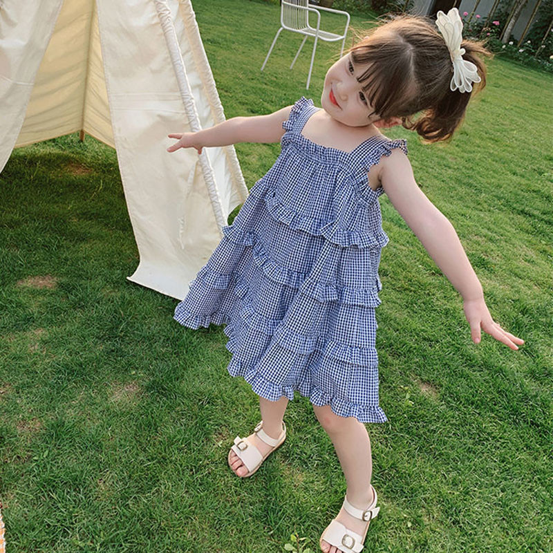 Suvine tüdrukute kleit Lasteriided Väikelapse Beebi Lastele Sukadega ruuduline Vest Kleit Pitsiga õmmeldud kook Printsessi kleit