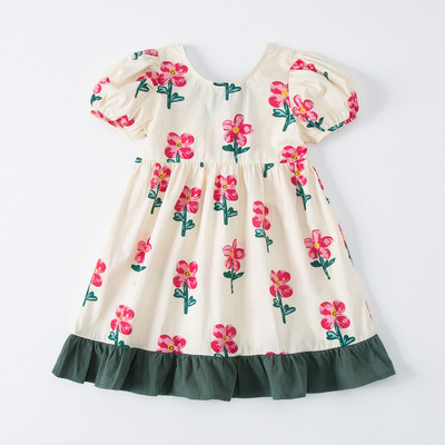 Καλοκαιρινό νέο παιδικό φόρεμα 2023 Κορεάτικο κορεάτικο κοντομάνικο κοριτσίστικο φόρεμα με διπλές ραφές με εμπριμέ λουλούδι Χαριτωμένο φόρεμα πριγκίπισσας