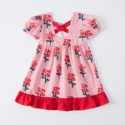 Καλοκαιρινό νέο παιδικό φόρεμα 2023 Κορεάτικο κορεάτικο κοντομάνικο κοριτσίστικο φόρεμα με διπλές ραφές με εμπριμέ λουλούδι Χαριτωμένο φόρεμα πριγκίπισσας