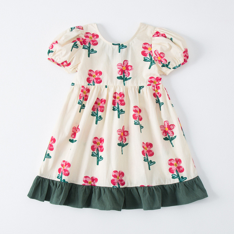 Καλοκαιρινό νέο παιδικό φόρεμα 2023 Κορεάτικο κορεάτικο κοντομάνικο κοριτσίστικο φόρεμα με διπλές ραφές με εμπριμέ λουλούδι Χαριτωμένο φόρεμα πριγκίπισσας