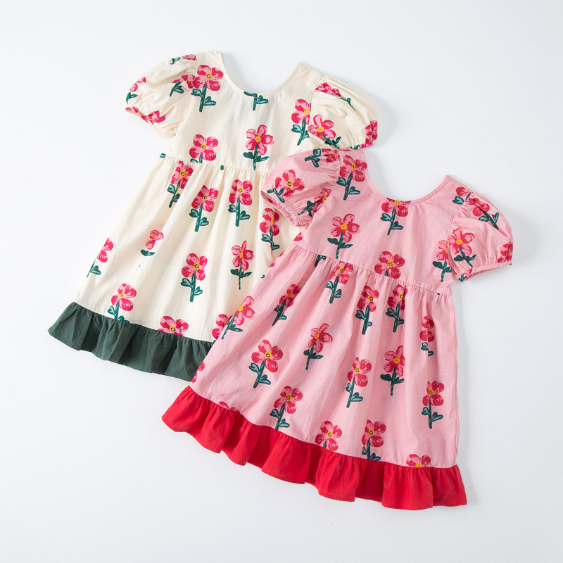Καλοκαιρινό νέο παιδικό φόρεμα 2023 Κορεάτικο κορεάτικο κοντομάνικο κοριτσίστικο φόρεμα με διπλές ραφές με εμπριμέ λουλούδι Χαριτωμένο φόρεμα πριγκίπισσας