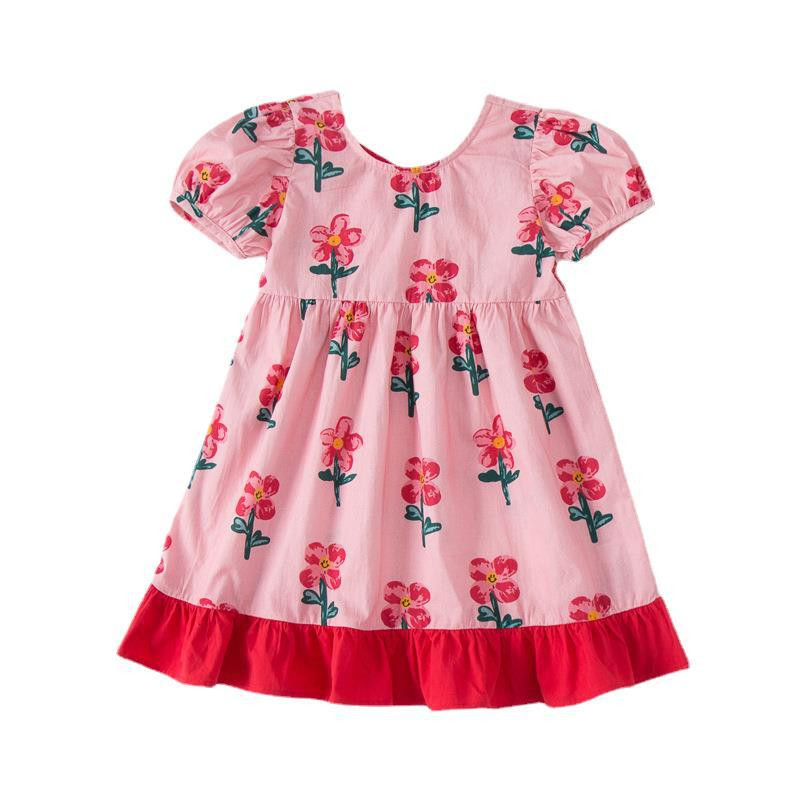 Καλοκαιρινό νέο παιδικό φόρεμα 2023 Κορεάτικο κορεάτικο κοντομάνικο κοριτσίστικο φόρεμα με διπλές ραφές με εμπριμέ λουλούδι Χαριτωμένο φόρεμα πριγκίπισσας