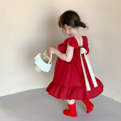 Ljetna haljina za djevojčice Odjeća za bebe, dječju odjeću, slatka haljina za princeze, mala svježa haljina s laticama i rukavima, mašna, Vestidos Dječja odjeća 3-7 godina