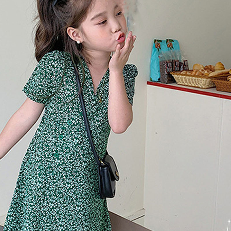 Ljetna haljina za djevojčice Kineski stil, cvjetni V-izrez, uska haljina kratkih rukava, beba, dječja odjeća, dječja odjeća