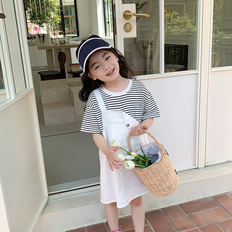 Tüdrukutele Trendikas keskmise pikkusega lühikeste varrukatega kleit Laste vabaaja triibuline kaheosaline võltskleit Lasteriided Suvine beebikleit tüdrukutele