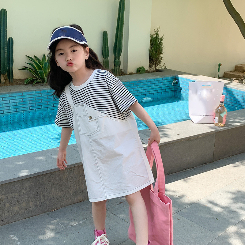 Tüdrukutele Trendikas keskmise pikkusega lühikeste varrukatega kleit Laste vabaaja triibuline kaheosaline võltskleit Lasteriided Suvine beebikleit tüdrukutele