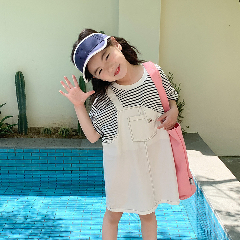 Tüdrukutele Trendikas keskmise pikkusega lühikeste varrukatega kleit Laste vabaaja triibuline kaheosaline võltskleit Lasteriided Suvine beebikleit tüdrukutele