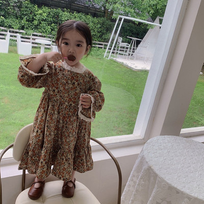 Pavasarinė mergaičių suknelė Nauja rudens vaikiški rūbai pastoracinio stiliaus nėriniai kraštas mažas gėlėtas trimitas ilgomis rankovėmis mados vestidos