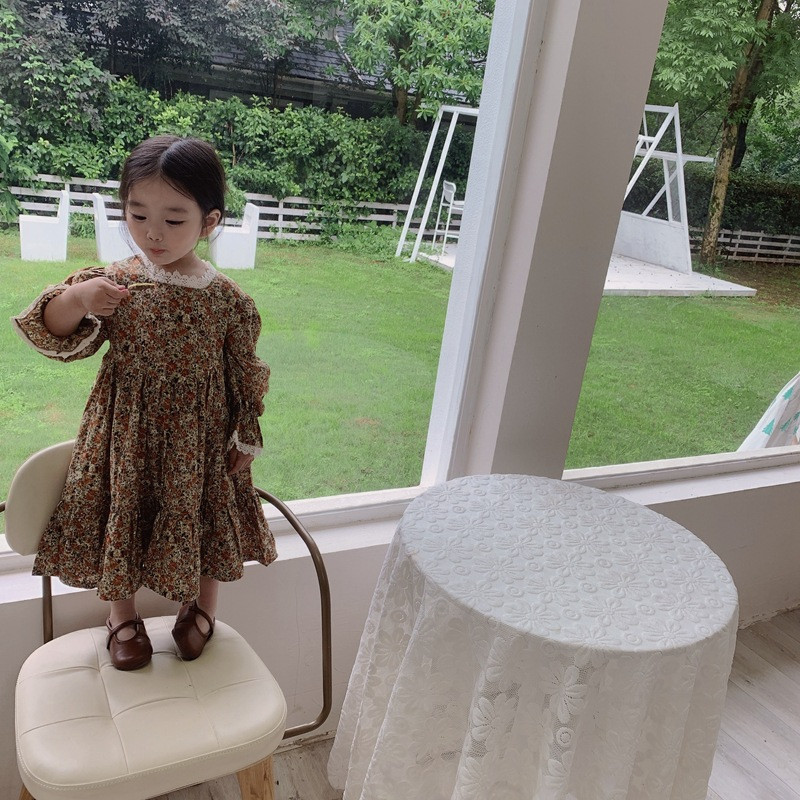 Pavasarinė mergaičių suknelė Nauja rudens vaikiški rūbai pastoracinio stiliaus nėriniai kraštas mažas gėlėtas trimitas ilgomis rankovėmis mados vestidos