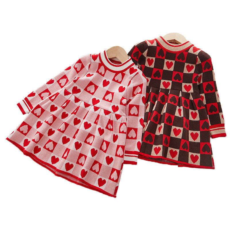 Tüdrukute kleit 2022. aasta sügise uus moodne armastuse ruuduline lasteriided beebidele, kevadine kootud printsesskleit