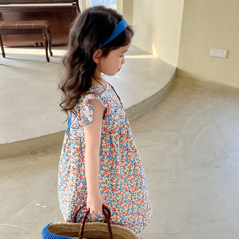 Tüdrukute kleit üherealise lillelise kärbselise varrukatega kleit printsessi kleit 2023. aasta suvine uus pastoraalse printsessi stiilis lasteriided