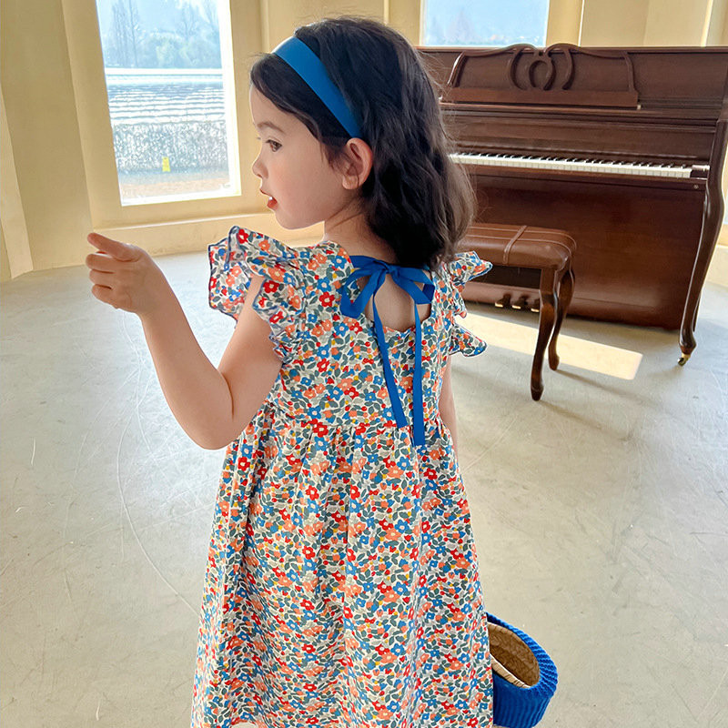 Tüdrukute kleit üherealise lillelise kärbselise varrukatega kleit printsessi kleit 2023. aasta suvine uus pastoraalse printsessi stiilis lasteriided