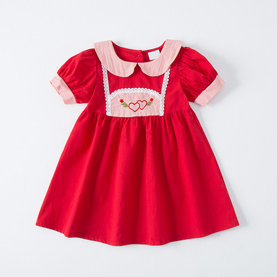 Καλοκαιρινό μωρό φόρεμα κούκλα πέτο κέντημα Lolita Love κέντημα αντίθεση χρώματος Κοντομάνικα Κορεάτικα παιδικά ρούχα