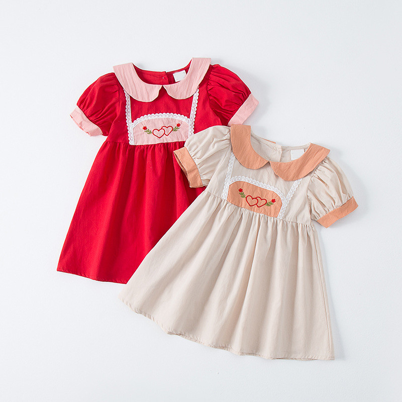 Καλοκαιρινό μωρό φόρεμα κούκλα πέτο κέντημα Lolita Love κέντημα αντίθεση χρώματος Κοντομάνικα Κορεάτικα παιδικά ρούχα