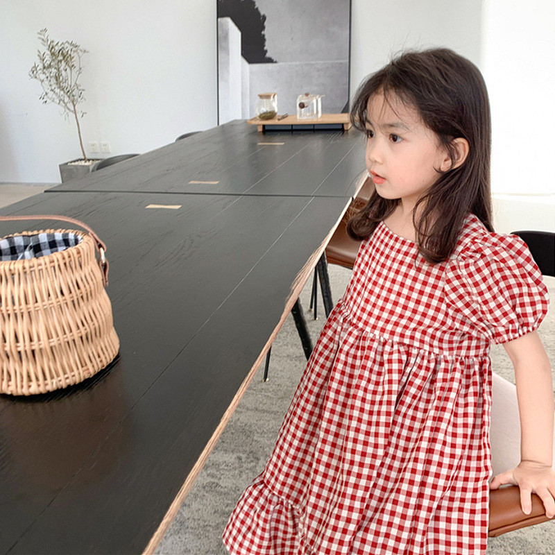 Suvine tüdrukute kleit Ruuduline laia kaelusega lühikeste varrukatega armas printsesskleit Uus vabaaja laste beebiriided tüdrukutele