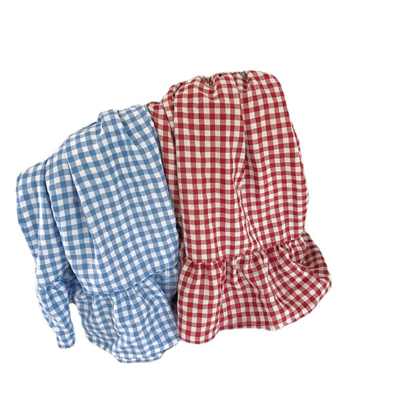 Suvine tüdrukute kleit Ruuduline laia kaelusega lühikeste varrukatega armas printsesskleit Uus vabaaja laste beebiriided tüdrukutele