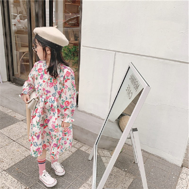 Tüdrukute kleit Uus euroopa-ameerika sügise lahvatusega varrukad Lilleline mood Printsess Peokleit Lastele Beebidele Lasteriided 3-7 a