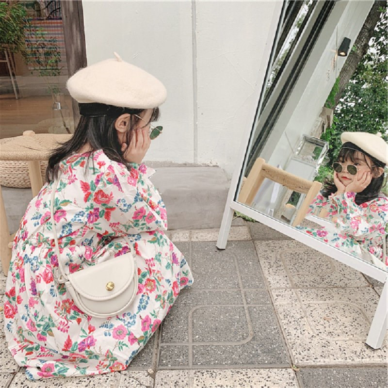 Tüdrukute kleit Uus euroopa-ameerika sügise lahvatusega varrukad Lilleline mood Printsess Peokleit Lastele Beebidele Lasteriided 3-7 a