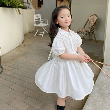 Καλοκαιρινό φόρεμα για κορίτσια Νέα ρουφηξιά μανίκια Πουκάμισο γιακά λευκό φόρεμα Γλυκό φόρεμα πριγκίπισσας Παιδικά κοστούμια Παιδικά ρούχα